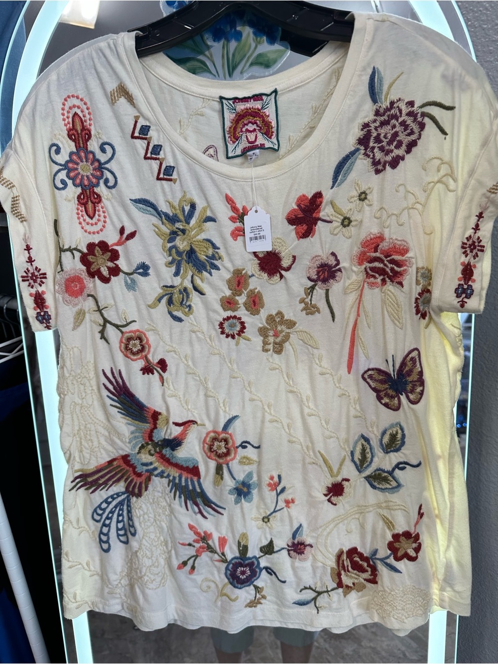 Johnny Was Cream Embroidered Floral & Bird Short Sleeve Tee
